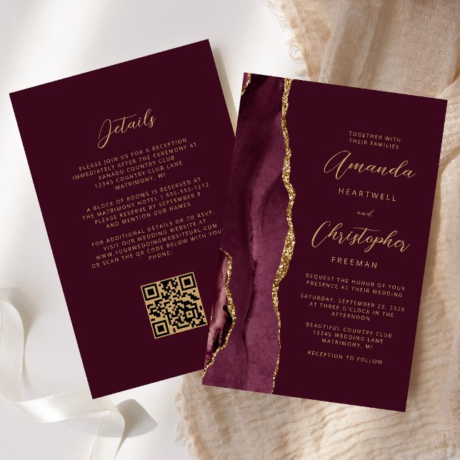 Budget Burgundy Gold Agate QR Code Hochzeit (Von Creator hochgeladen)