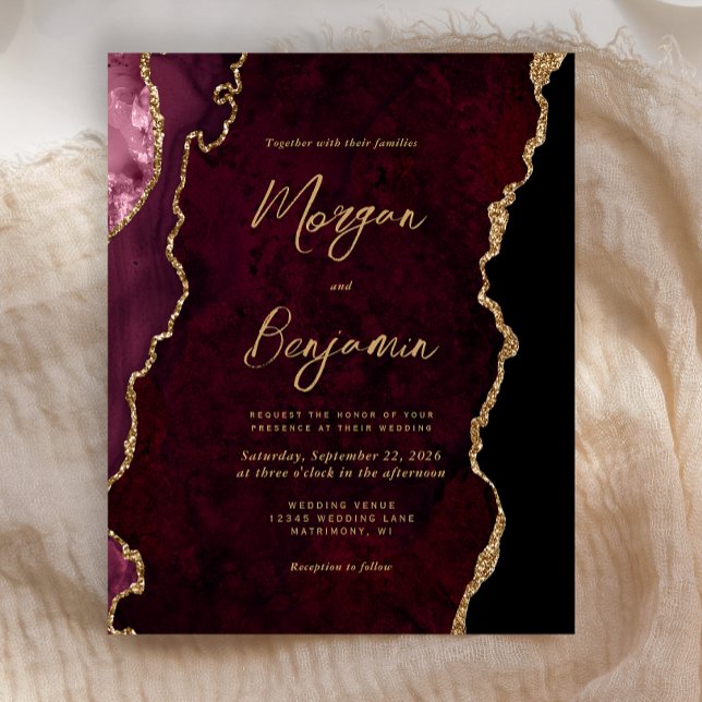 Budget Burgundy Gold Agate Script Einladung (Von Creator hochgeladen)