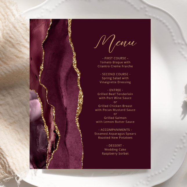 Budget Burgundy Gold Agate Script Wedding Menü (Von Creator hochgeladen)
