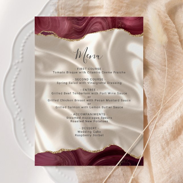 Budget Burgundy Gold Agate Silk Wedding Menu (Créateur téléchargé)