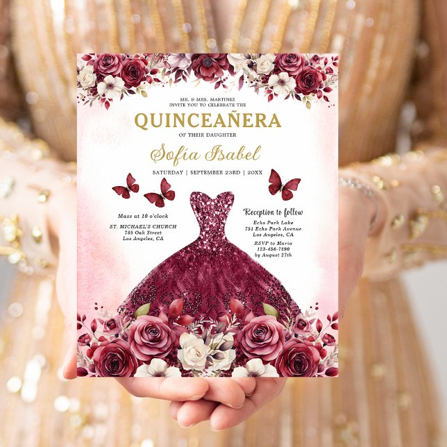 Budget Burgundy Gold Bilingual Spanish Quinceanera Flyer (Von Creator hochgeladen)