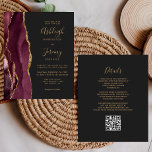 Budget Burgundy Gold Dark QR Code Hochzeit einlade<br><div class="desc">Rett die Kosten für das Drucken und Verschicken separater RSVP-Karten mit dieser eleganten, modernen All-in-One-Hochzeitseinladung. Der links Rand ist mit einem bordeauxroten Aquarellstreifen versehen, der mit vergoldetem Imitat-Glitzer bestickt ist. Der anpassbare Text kombiniert goldfarbene Handschrift, Copperplate und kursiv Schriftart auf schwarzem Schieferboden. Die Rückseite bietet Platz für Hochzeitsdetails auf einem...</div>