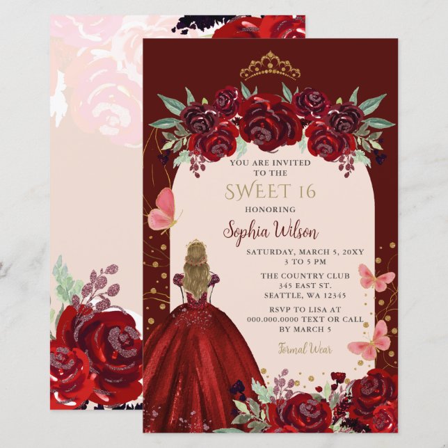 Budget Burgundy Gold Floral Princess Sweet 16 (Vorne/Hinten)