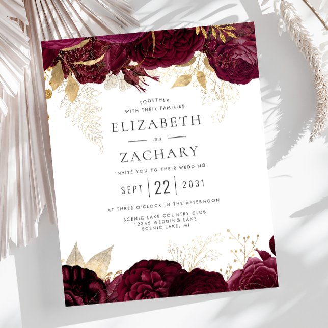 Budget Burgundy Gold Floral Wedding Einladung (Von Creator hochgeladen)