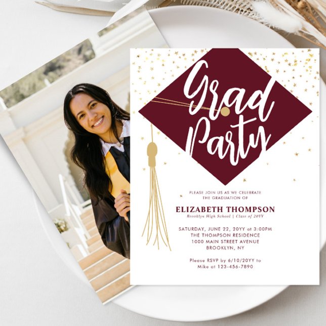 Budget Burgundy Gold Foto Graduation Party Einladu (Von Creator hochgeladen)