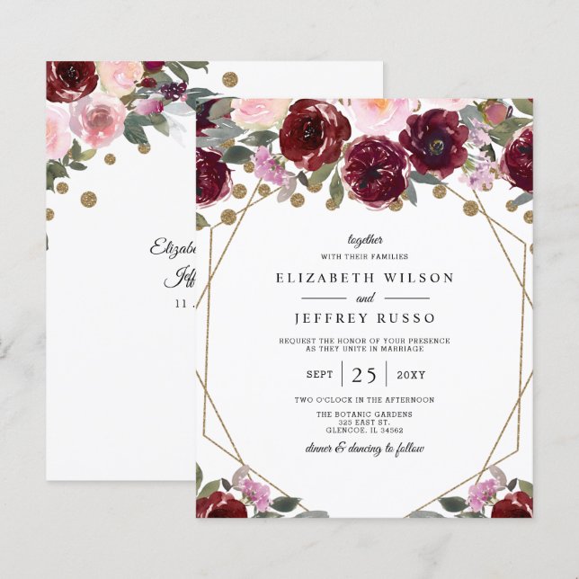 Budget Burgundy Gold Geometric Wedding Einladung (Vorne/Hinten)