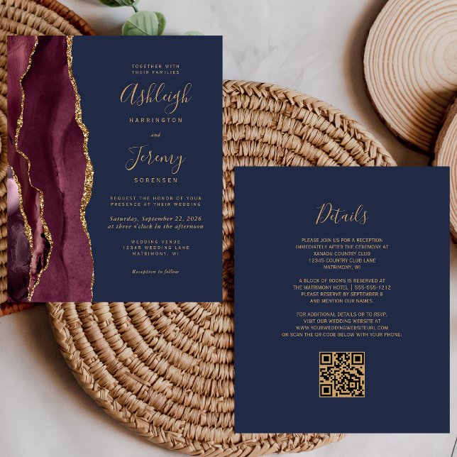 Budget Burgundy Gold Navy QR Code Hochzeit einlade (Von Creator hochgeladen)