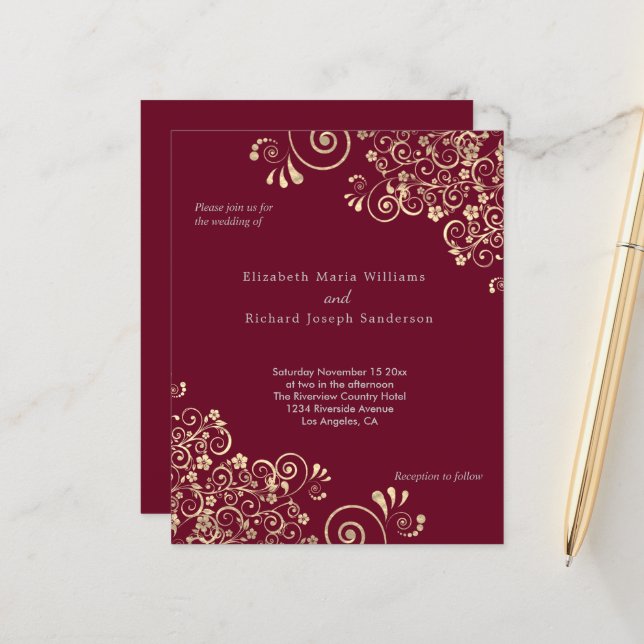 Budget Burgundy Gold Wirbel Hochzeit Einladung (Vorderseite/Rückseite Beispiel)