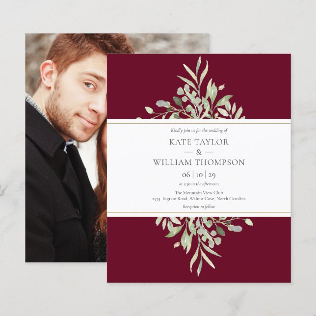 Budget Burgundy Greenery Wedding Foto Einladung (Vorne/Hinten)