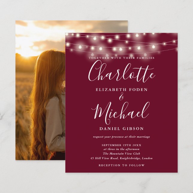 Budget Burgundy Lights Foto Hochzeit Einladung (Vorne/Hinten)