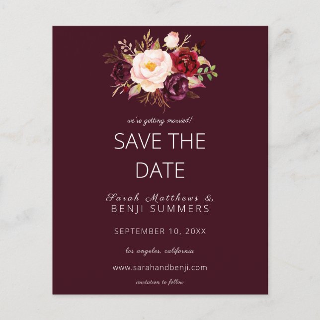 Budget Burgundy Marsa Floral Save the Date - Rot Flyer (Vorne)