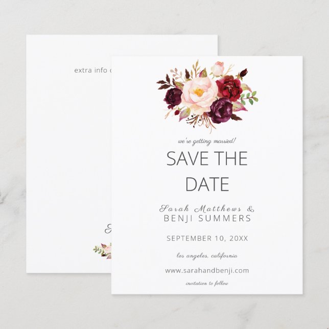 Budget Burgundy Marsa Floral Save the Date - weiß (Vorne/Hinten)