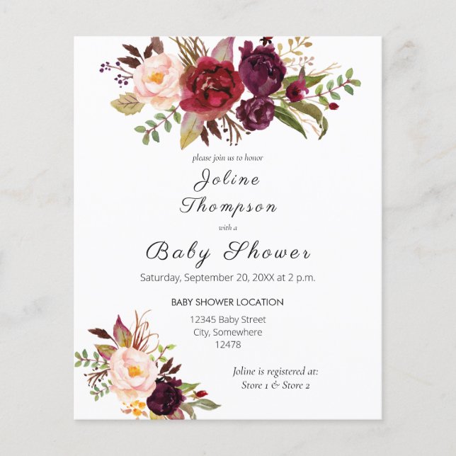 Budget Burgundy Marsala Baby Dusche Flyer (Vorne)