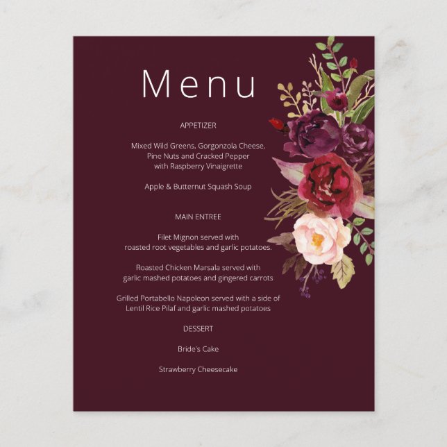 Budget Burgundy Marsala & Pink Blumenmenü - Burg 1 Flyer (Vorne)