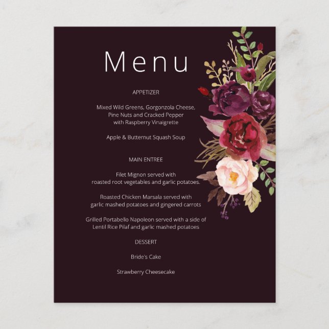 Budget Burgundy Marsala & Pink Blumenmenü - Burg 2 Flyer (Vorne)