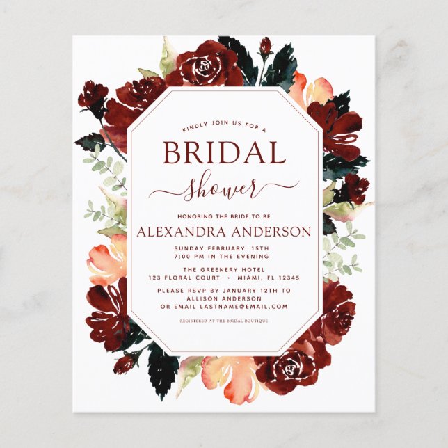 Budget Burgundy Navy Blue Brautparty Floral Flyer (Vorne)