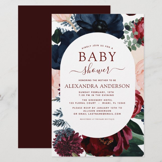 Budget Burgundy Navy Blue Floral Baby Dusche (Vorne/Hinten)