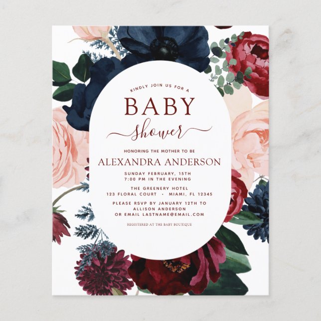 Budget Burgundy Navy Blue Floral Baby Dusche Flyer (Vorne)