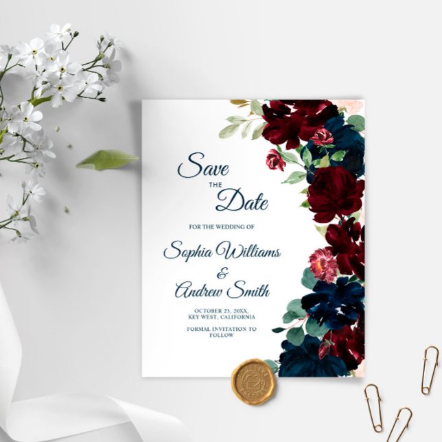 Budget Burgundy & Navy Blue Flowers Save the Date (Von Creator hochgeladen)