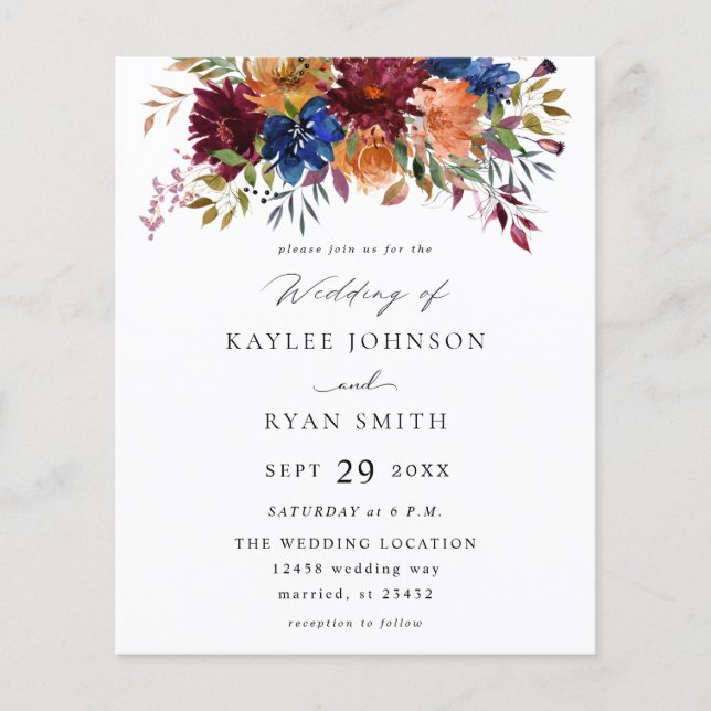 Budget Burgundy Navy Orange Fall Floral Wedding 2 Flyer (Vorne)