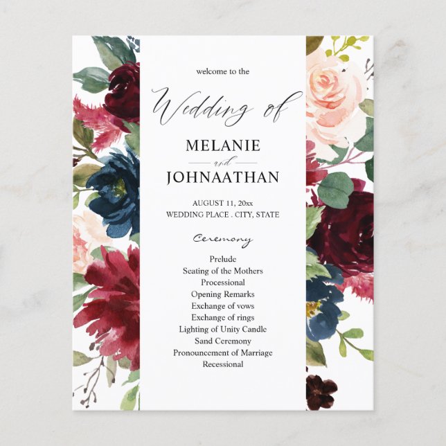 Budget Burgundy Navy Pink Floral Hochzeit Zeremoni Flyer (Vorne)