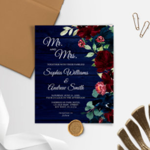 Budget Burgundy & Navy Wood Wedding Einladung