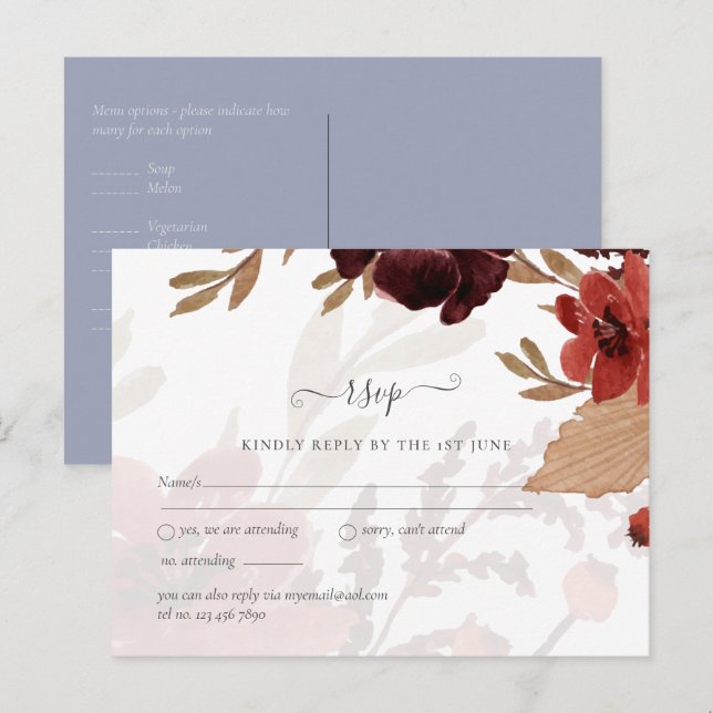 Budget Burgundy Orange Fall Floral Wedding Postkarte (Vorne/Hinten)