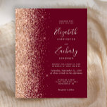 Budget Burgundy Peach Glitter Wedding Invitation<br><div class="desc">The left-hand edge of this elegant modern wedding invitation features a peach faux glitter border. The customizable text combines pale peach handwriting,  copperplate and italic fonts on a burgundy background. The reverse side features a matching peach glitter and burgundy design.</div>
