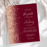 Budget Burgundy Peach Glitter Wedding Invitation<br><div class="desc">The left-hand edge of this elegant modern wedding invitation features a peach faux glitter border. The customizable text combines pale peach handwriting,  copperplate and italic fonts on a burgundy background. The reverse side features a matching peach glitter and burgundy design.</div>