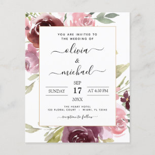 Budget Burgundy Pink Blues Hochzeit Einladung