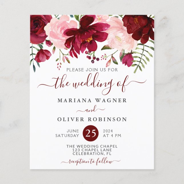 Budget Burgundy Pink Blues Hochzeit Einladung (Vorderseite)