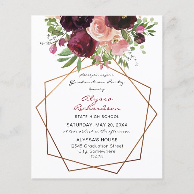 Budget Burgundy & Pink Floral für Graduation Party Flyer (Vorne)