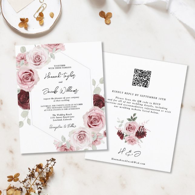 Budget Burgundy Pink Floral QR Code Hochzeit einla (Von Creator hochgeladen)