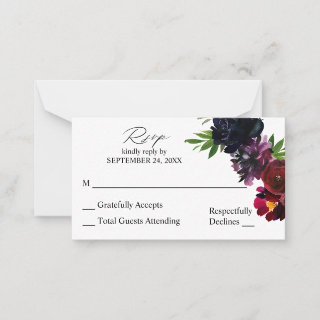 Budget Burgundy Plum & Navy Floral SM No Meal UAWG Mitteilungskarte (Vorderseite)