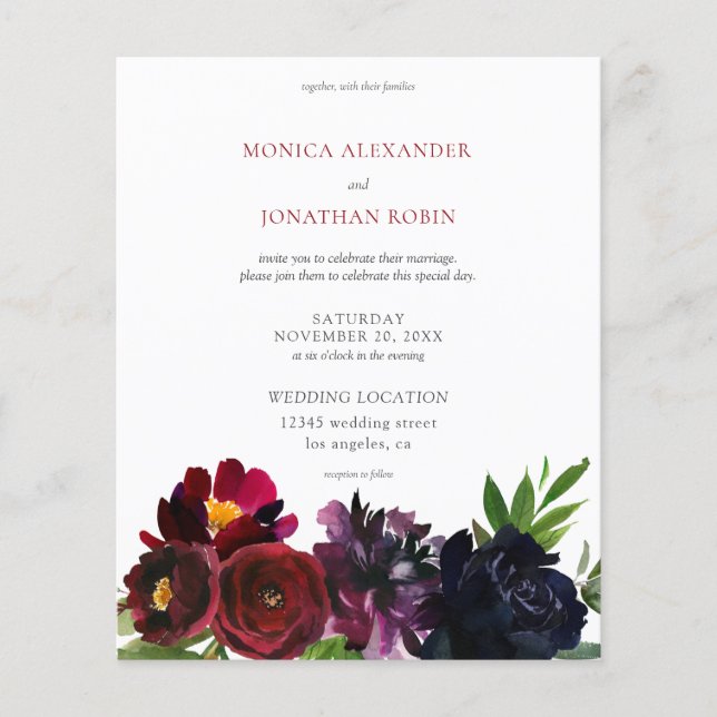 Budget Burgundy Plum Navy Floral Wedding Flyer (Vorne)