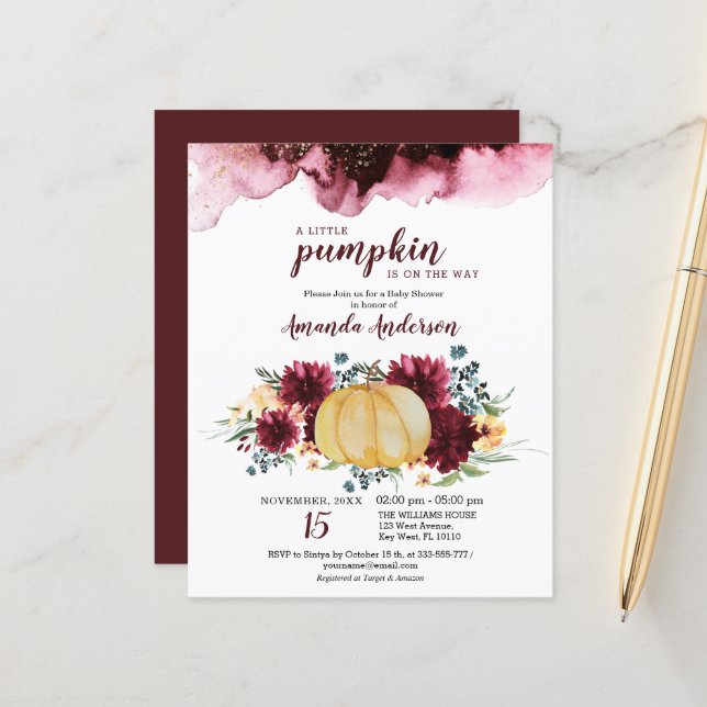 Budget Burgundy Pumpkin Baby Dusche Einladung (Vorderseite/Rückseite Beispiel)