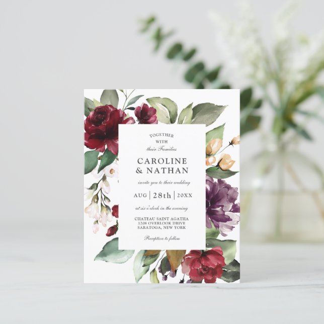 Budget Burgundy Red and Plum Floral Wedding (Stehend Vorderseite)