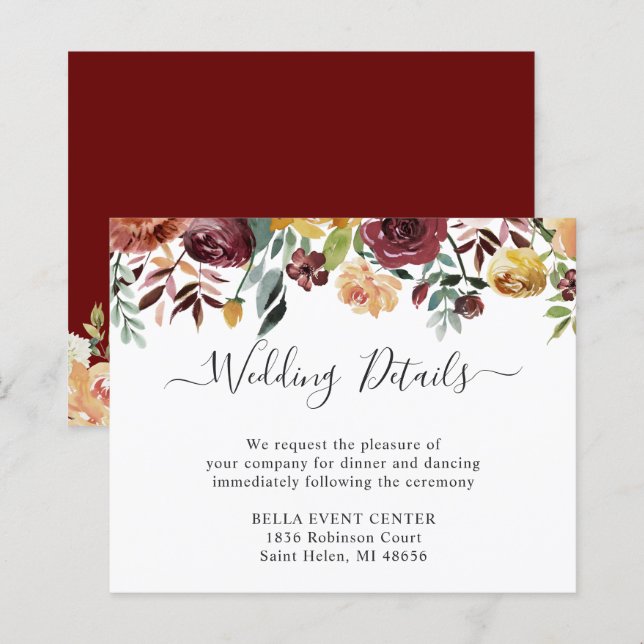 Budget Burgundy Red Floral Wedding Details Card (Vorne/Hinten)