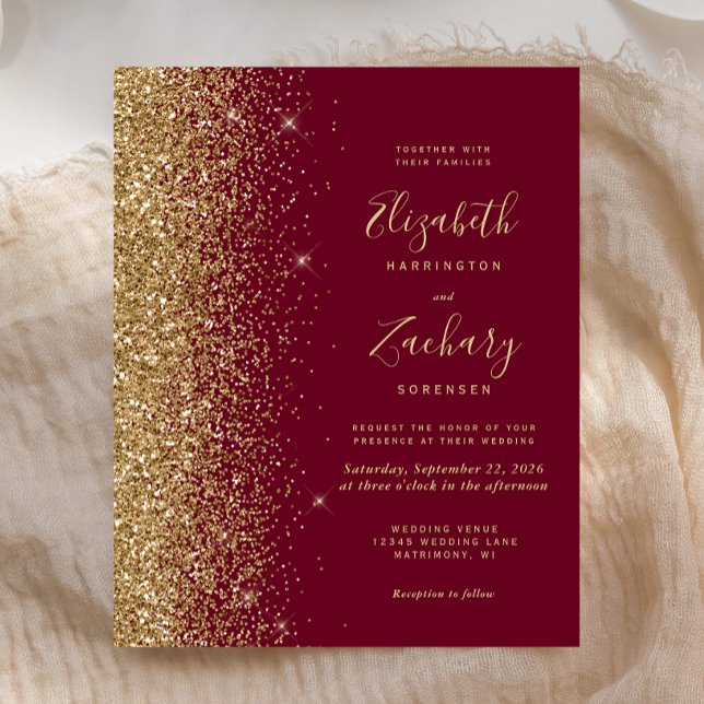 Budget Burgundy Red Gold Glitzer Hochzeit Einladun (Von Creator hochgeladen)