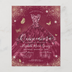 Budget Burgundy Red Gold Gown Quinceanera Einladun