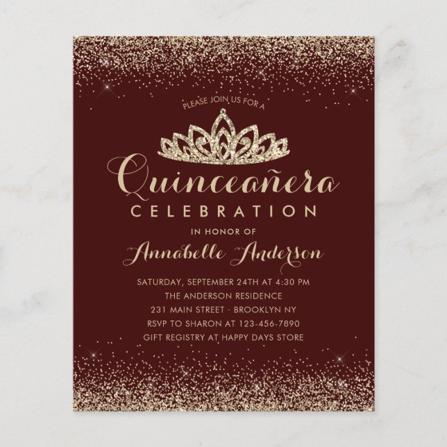 Budget Burgundy Red Gold Quinceañera Tiara Einladu (Vorderseite)