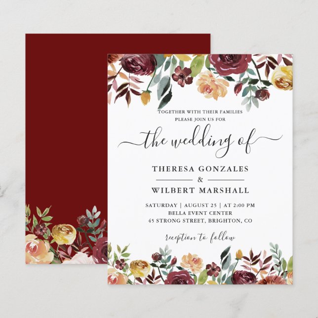 Budget Burgundy Red Orange Floral Wedings Einladun (Vorne/Hinten)