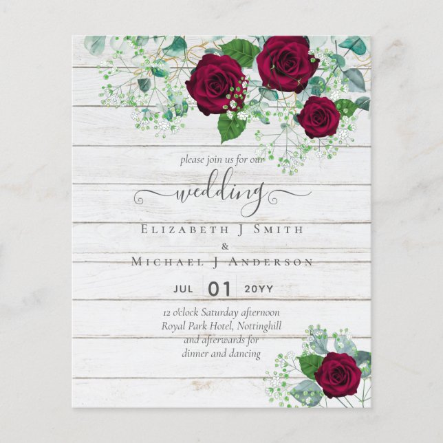 BUDGET  Burgundy Rose Eucalyptus Wedding Flyer (Vorne)