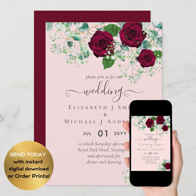 BUDGET Burgundy Rose Eukalyptus Wedding Einladung (Von Creator hochgeladen)