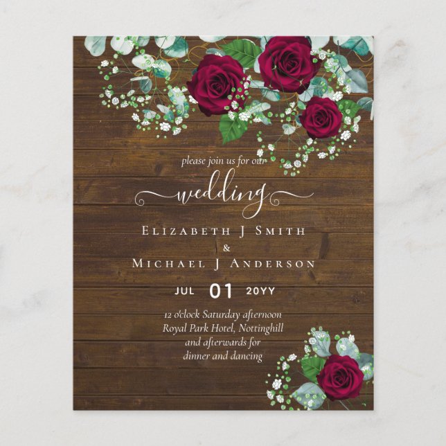 BUDGET Burgundy Rose Eukalyptus Wedding Flyer (Vorne)