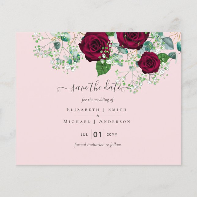 BUDGET Burgundy Rose Eukalyptus Wedding Flyer (Vorne)