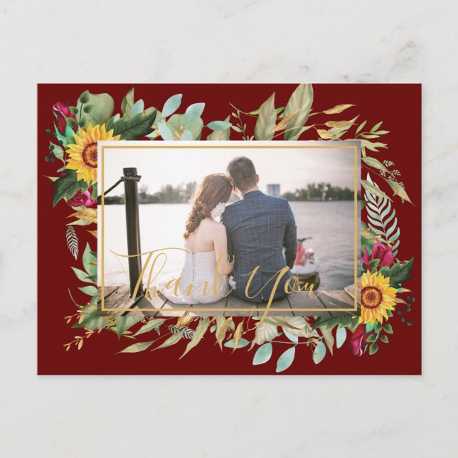 Budget Burgundy Rose Sonnenblumen Danke FOTO Postkarte (Vorderseite)