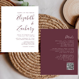 Budget Burgundy Script QR Code Einladung Hochzeit