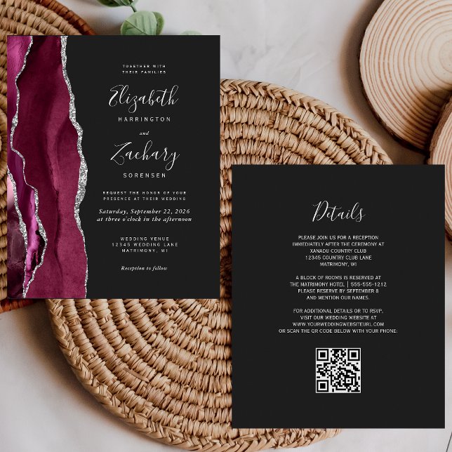 Budget Burgundy Silver Agate Dark QR Code Hochzeit (Von Creator hochgeladen)