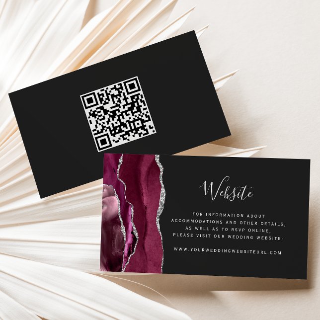 Budget Burgundy Silver Agate Dark Wedding QR Code Begleitkarte (Von Creator hochgeladen)